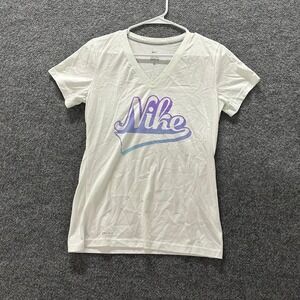 Nike T-Shirt Womens Size M White Dri-Fit Graphic V-Neck Short Sleeve Athletic